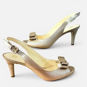 Anne Klein Stephanie Peep Toe Slingback Pumps Bow Metallic Platinum 10.5M New